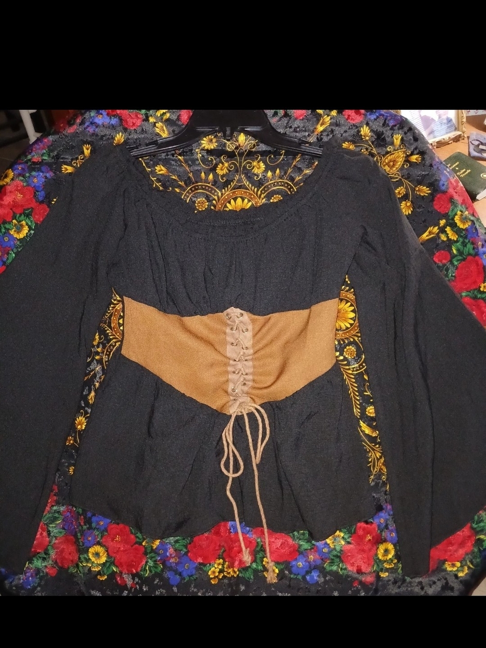 Black Peasant Blouse with Tan Lace-Up Waist Cincher Sz Medium No Brand Name